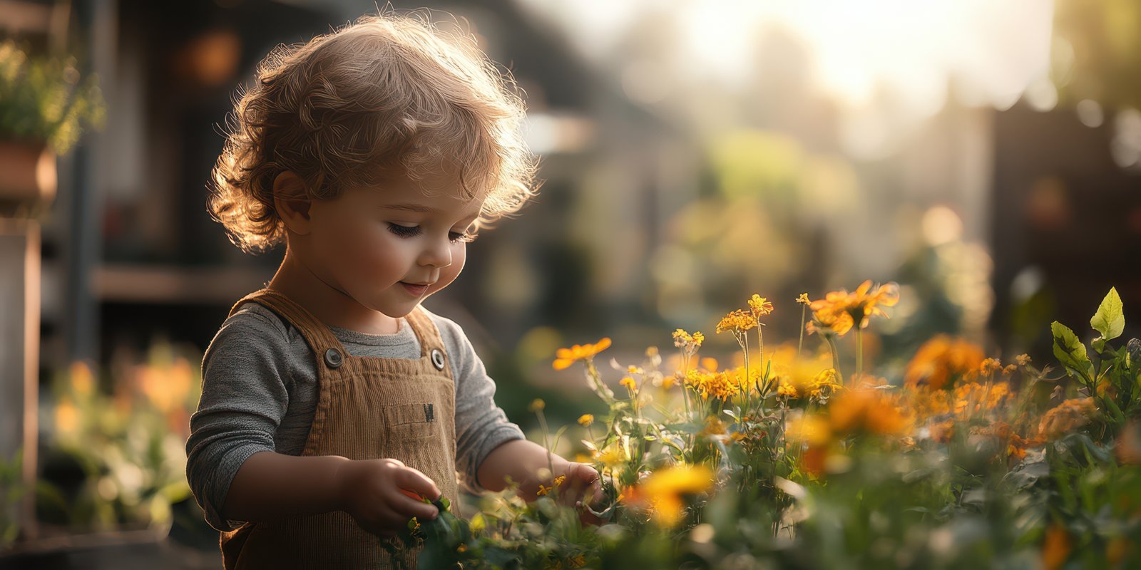 Child joyfully exploring colorful flowers in a garden during golden hour light
